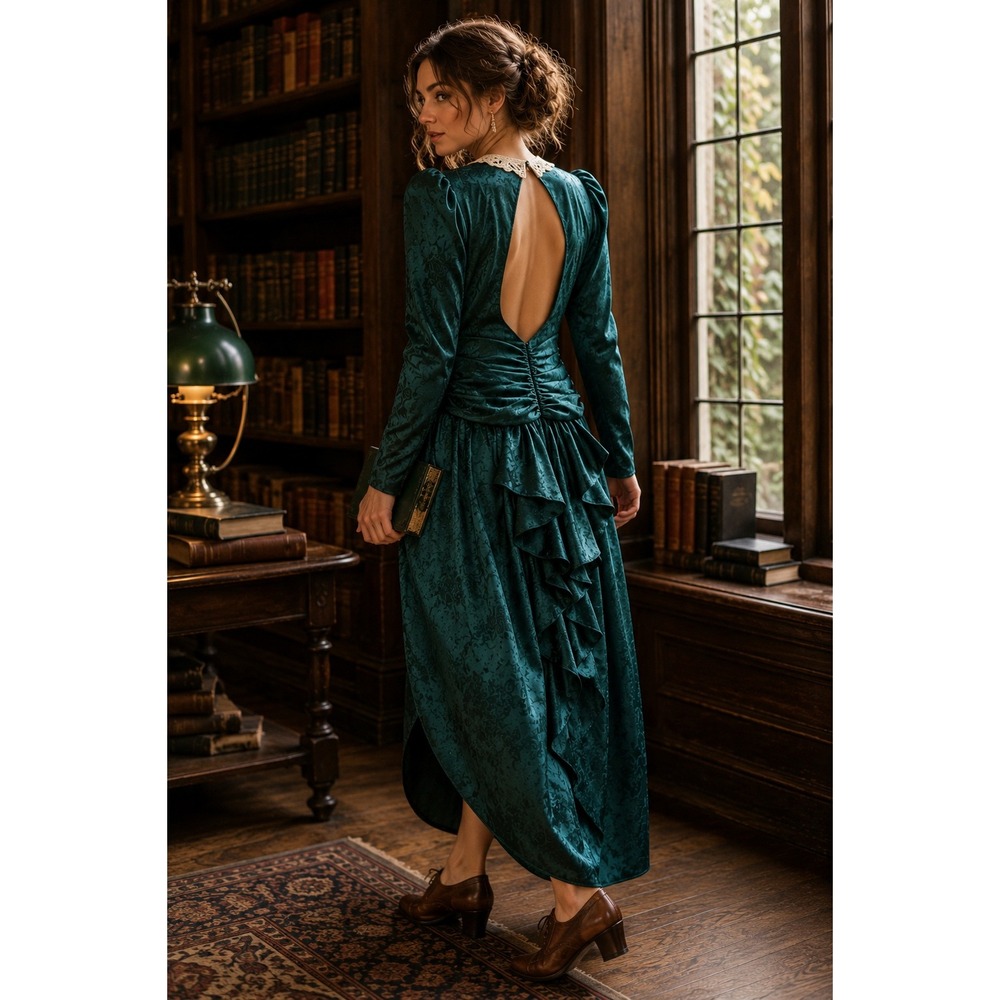 Vintage Scott McClintock Emerald Jacquard Lace Bib Midi Dress USA 80s 90s 8